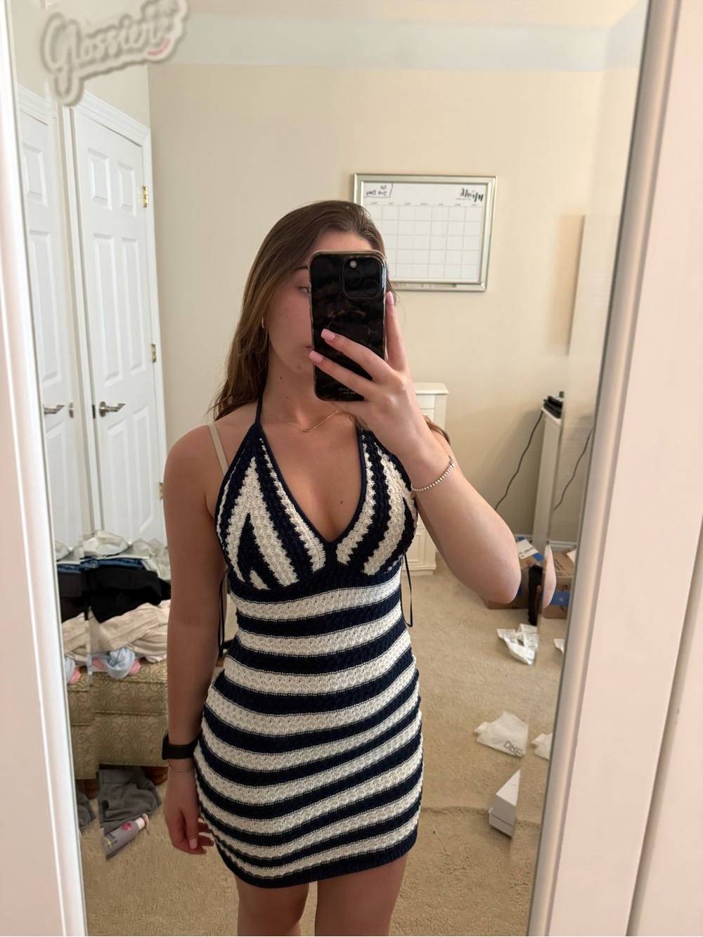 Striped Crochet Halter Mini Dress in Navy & White